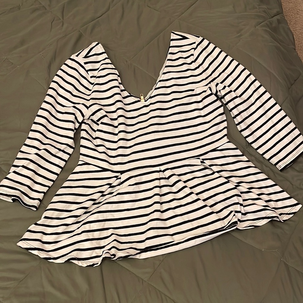 Victoria’s Secret Black and White 3/4 Sleeve Striped Peplum Top